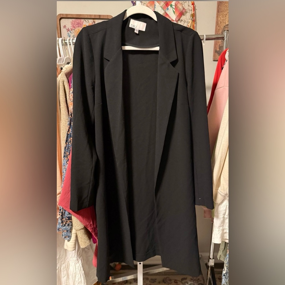 Anthropologie DR2 Black Open Front Long Blazer Trench Coat Medium